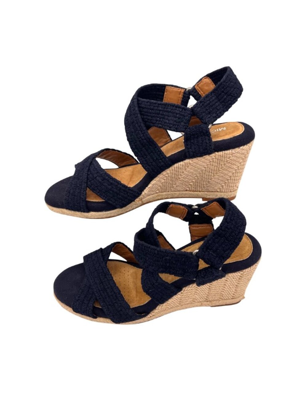 Michelle D Navy Wedge Sandals 8.5M Braided Fabric Straps & Jute Espadrille Heel - Picture 3 of 13